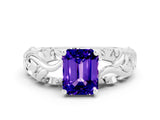 White gold Emerald Cut Solitaire Tanzanite Leaf-Inspired Vine Band Ring with Prong Setting