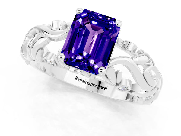Platinum Emerald Cut Solitaire Tanzanite Leaf-Inspired Vine Band Ring with Prong Setting