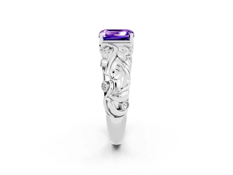 White gold Emerald Cut Solitaire Tanzanite Leaf-Inspired Vine Band Ring with Prong Setting_2