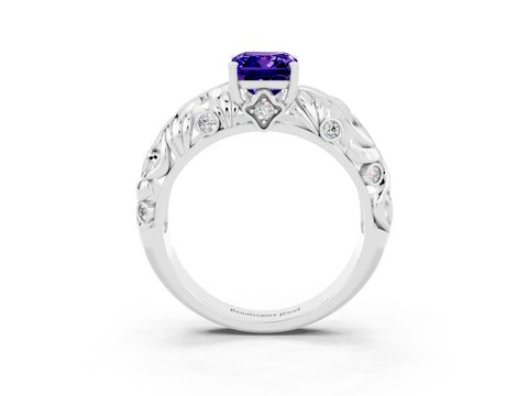 White gold Emerald Cut Solitaire Tanzanite Leaf-Inspired Vine Band Ring with Prong Setting_3