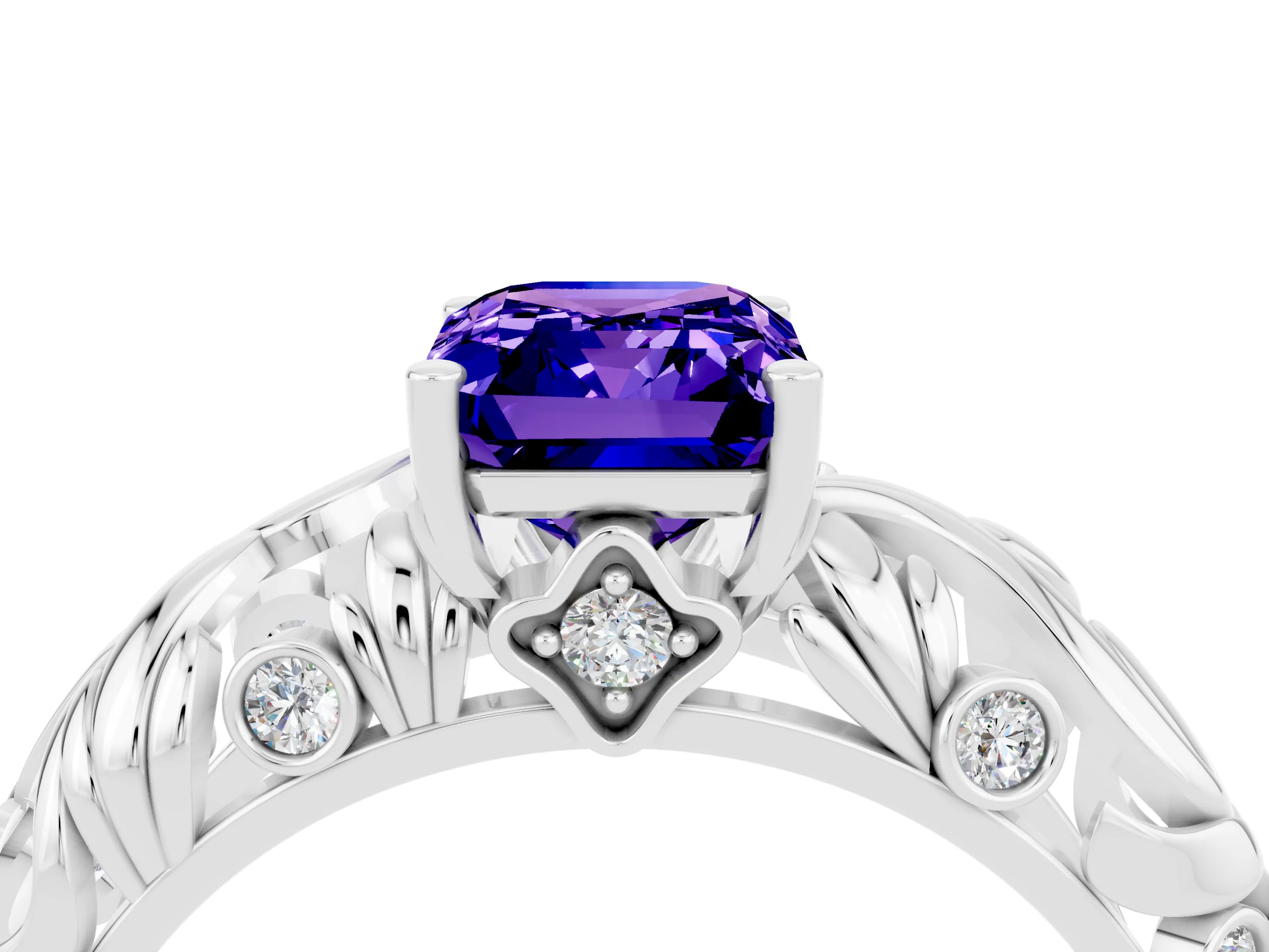 White gold Emerald Cut Solitaire Tanzanite Leaf-Inspired Vine Band Ring with Prong Setting_4