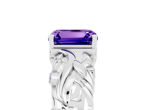 White gold Emerald Cut Solitaire Tanzanite Leaf-Inspired Vine Band Ring with Prong Setting_5