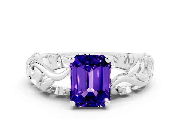 White gold Emerald Cut Solitaire Tanzanite Leaf-Inspired Vine Band Ring with Prong Setting
