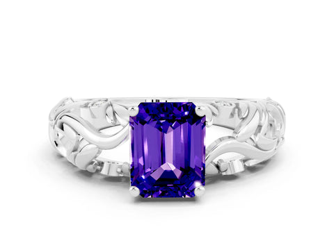 White gold Emerald Cut Solitaire Tanzanite Leaf-Inspired Vine Band Ring with Prong Setting
