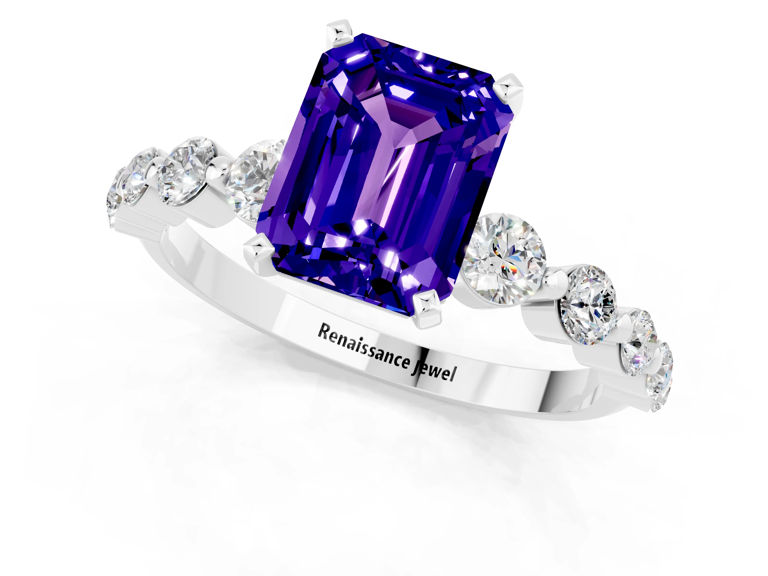 White gold Emerald Cut Solitaire Tanzanite Ring with Pave Band and Four-Prong Setting_1
