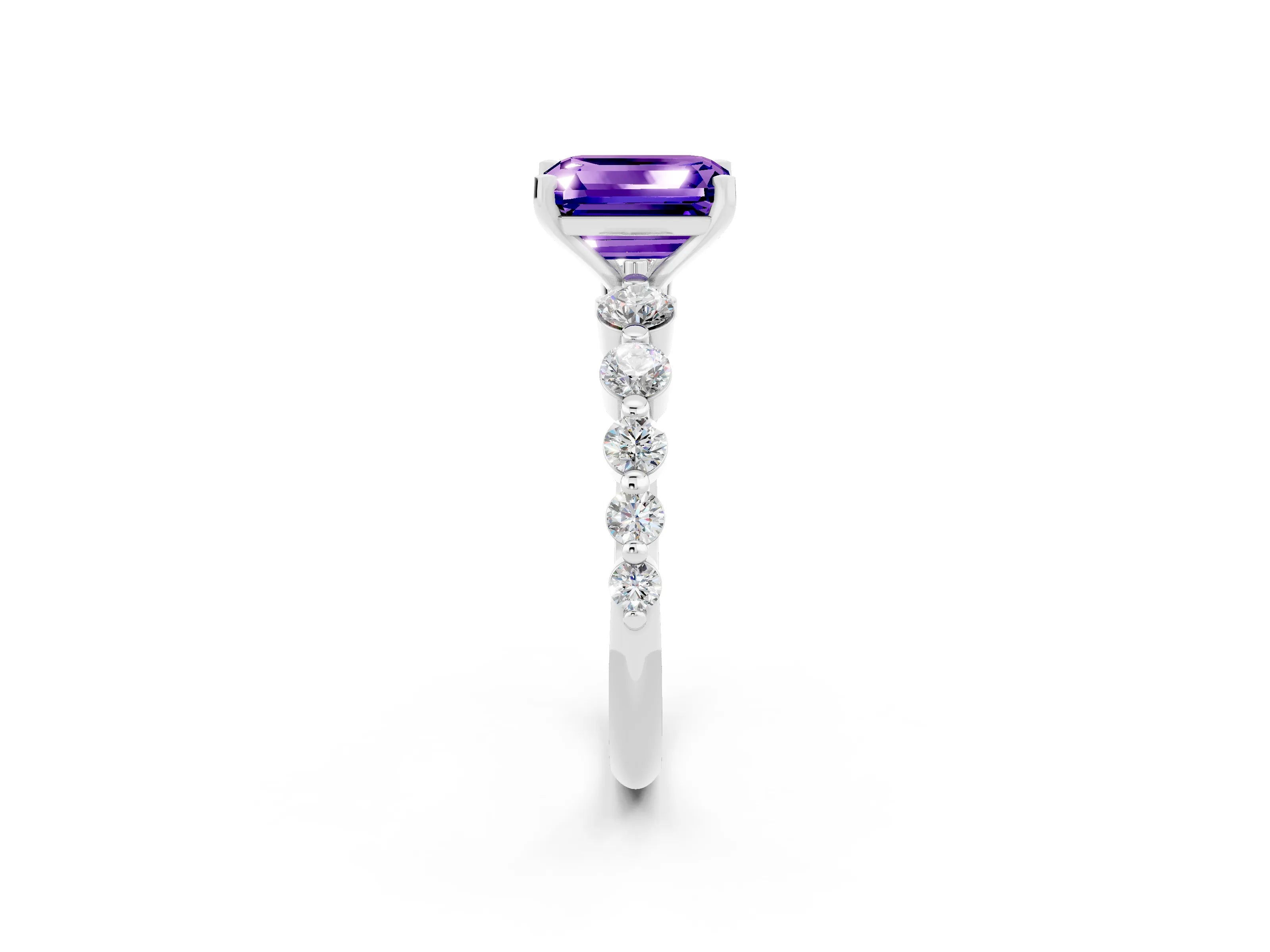 White gold Emerald Cut Solitaire Tanzanite Ring with Pave Band and Four-Prong Setting_2