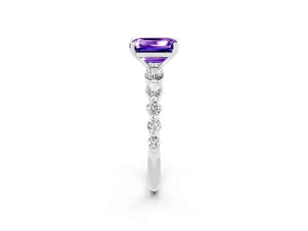 Silver Emerald Cut Solitaire Tanzanite Ring with Pave Band and Four-Prong Setting