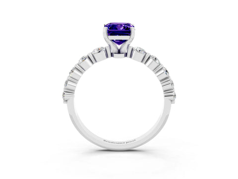 White gold Emerald Cut Solitaire Tanzanite Ring with Pave Band and Four-Prong Setting_3