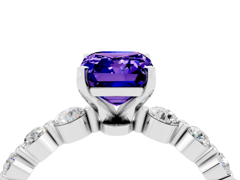White gold Emerald Cut Solitaire Tanzanite Ring with Pave Band and Four-Prong Setting_4