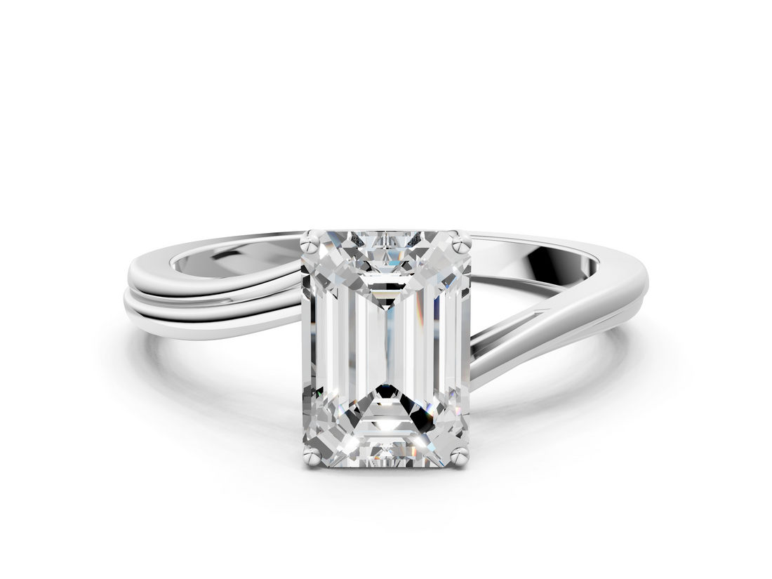 White gold Emerald Cut Solitaire Twist Band Ring with Four-Prong Setting_119