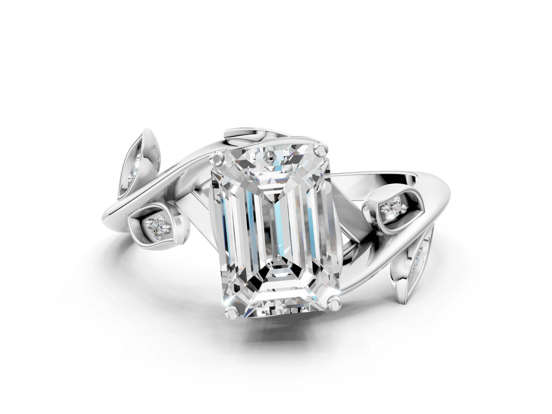 White gold Emerald Cut Solitaire Twist Engagement Ring with Leaf Accents and Prong Setting_19