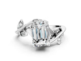 White gold Emerald Cut Solitaire Twist Engagement Ring with Leaf Accents and Prong Setting_19