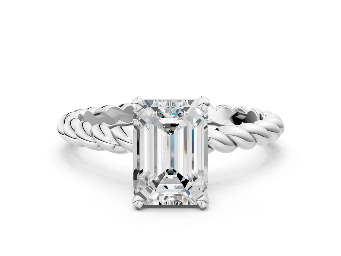 White gold Emerald Cut Solitaire Twisted Band with Four-Prong Setting_160