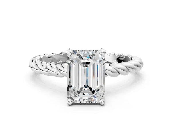 White gold Emerald Cut Solitaire Twisted Band with Four-Prong Setting