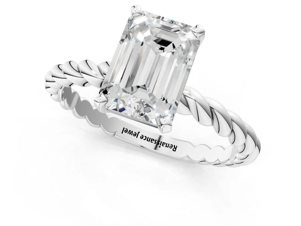 White gold Emerald Cut Solitaire Twisted Band with Four-Prong Setting