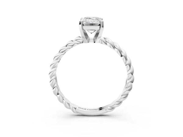 White gold Emerald Cut Solitaire Twisted Band with Four-Prong Setting