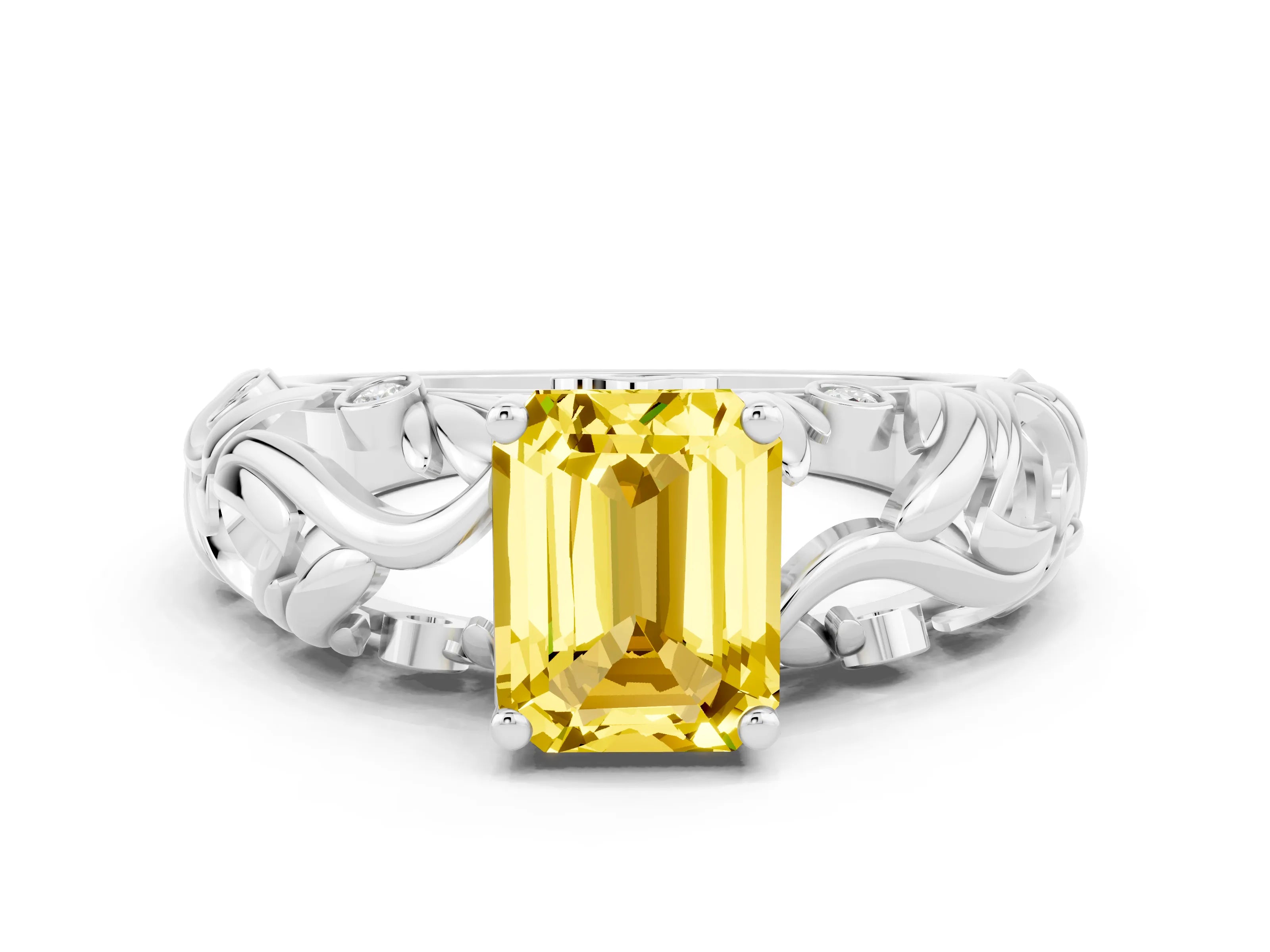 White gold Emerald Cut Solitaire Yellow Sapphire Leaf-Inspired Vine Band Ring with Prong Setting_24