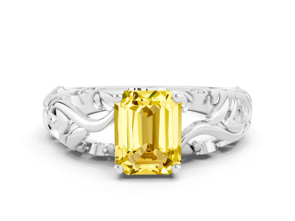 Platinum Emerald Cut Solitaire Yellow Sapphire Leaf-Inspired Vine Band Ring with Prong Setting