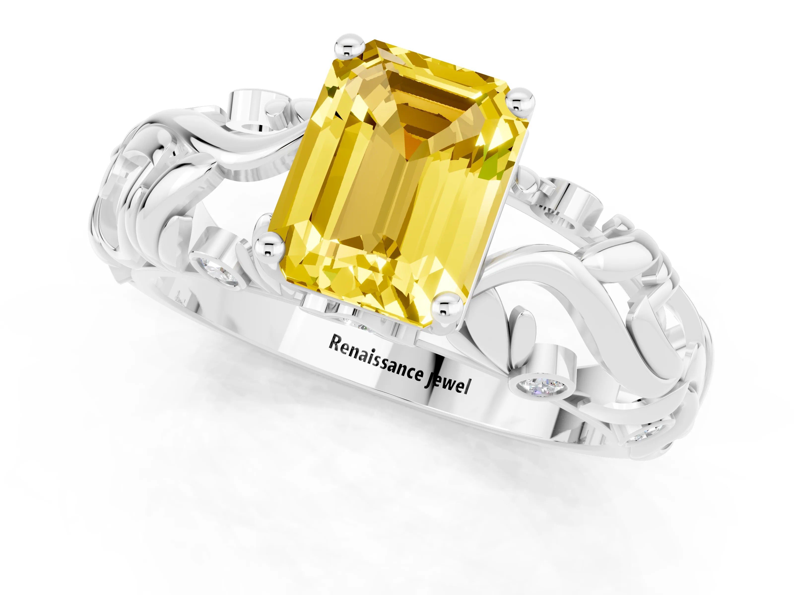 White gold Emerald Cut Solitaire Yellow Sapphire Leaf-Inspired Vine Band Ring with Prong Setting_25