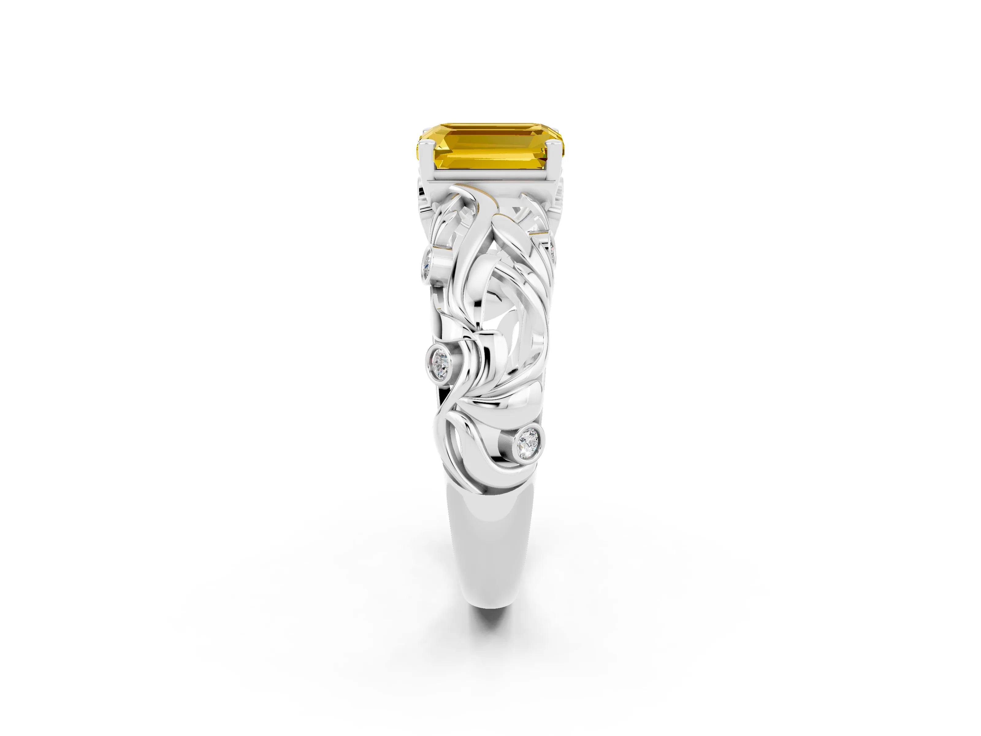 White gold Emerald Cut Solitaire Yellow Sapphire Leaf-Inspired Vine Band Ring with Prong Setting_26