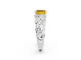 White gold Emerald Cut Solitaire Yellow Sapphire Leaf-Inspired Vine Band Ring with Prong Setting_26