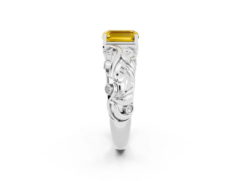 White gold Emerald Cut Solitaire Yellow Sapphire Leaf-Inspired Vine Band Ring with Prong Setting_26
