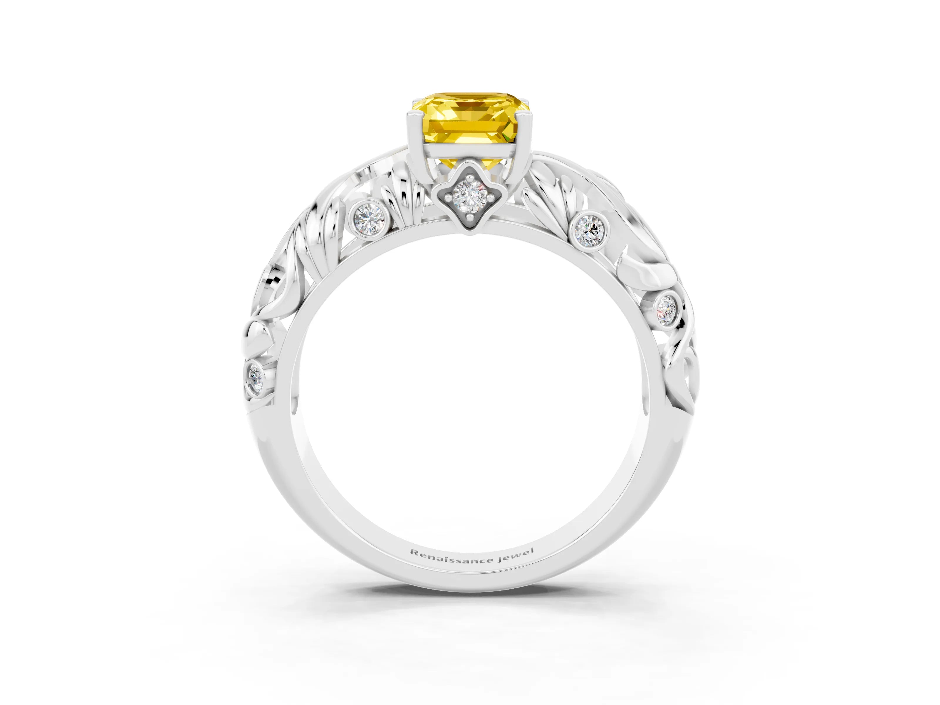 White gold Emerald Cut Solitaire Yellow Sapphire Leaf-Inspired Vine Band Ring with Prong Setting_27