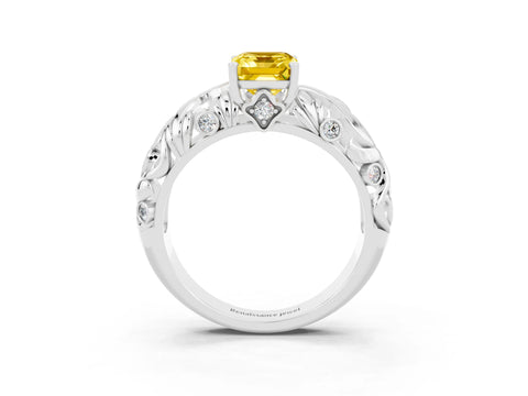 White gold Emerald Cut Solitaire Yellow Sapphire Leaf-Inspired Vine Band Ring with Prong Setting_27