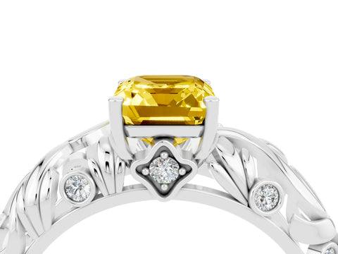 White gold Emerald Cut Solitaire Yellow Sapphire Leaf-Inspired Vine Band Ring with Prong Setting_28