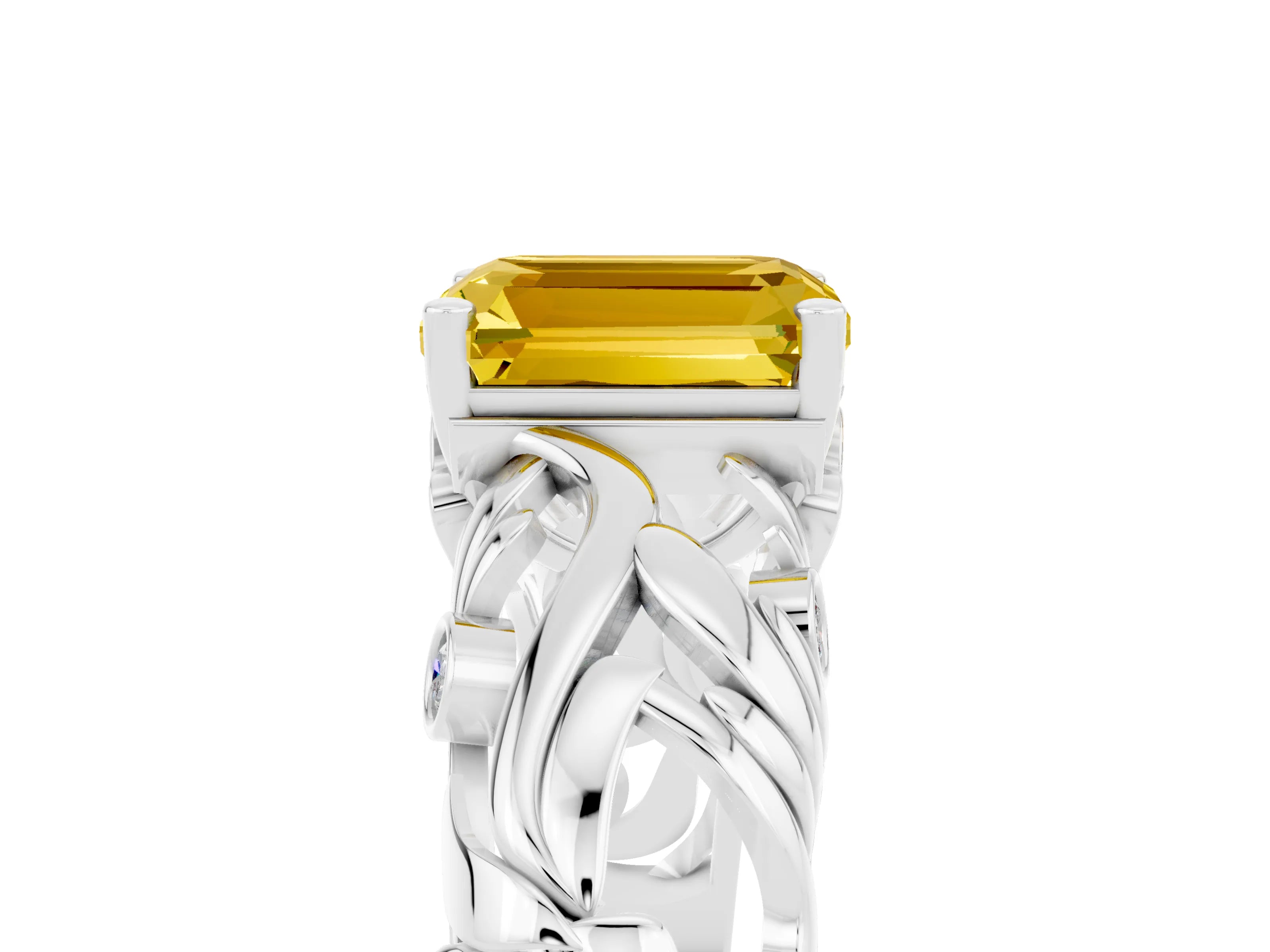 White gold Emerald Cut Solitaire Yellow Sapphire Leaf-Inspired Vine Band Ring with Prong Setting_29