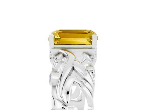 White gold Emerald Cut Solitaire Yellow Sapphire Leaf-Inspired Vine Band Ring with Prong Setting_29