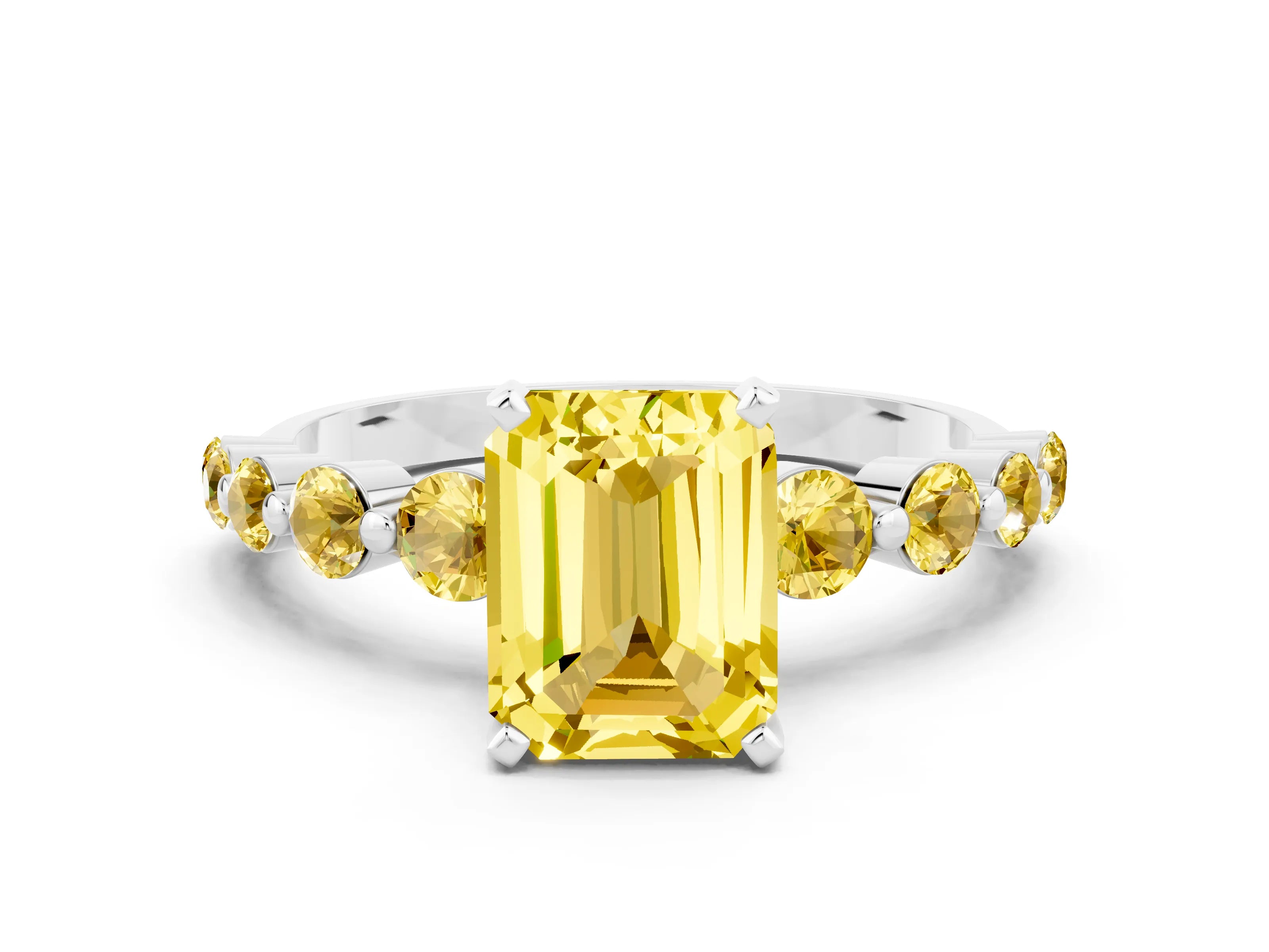 White gold Emerald Cut Solitaire Yellow Sapphire Ring with Pave Band and Four-Prong Setting