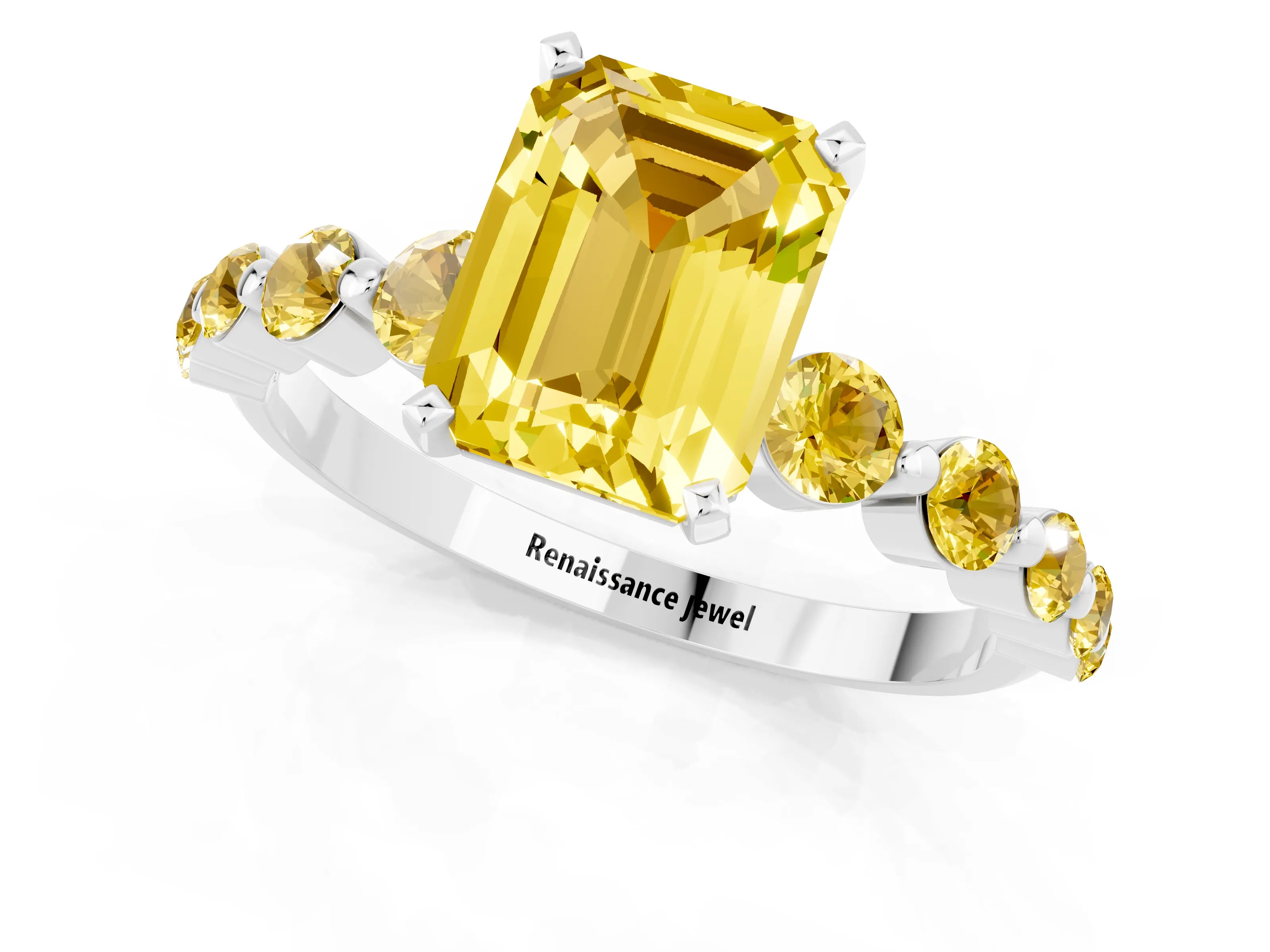 White gold Emerald Cut Solitaire Yellow Sapphire Ring with Pave Band and Four-Prong Setting_1