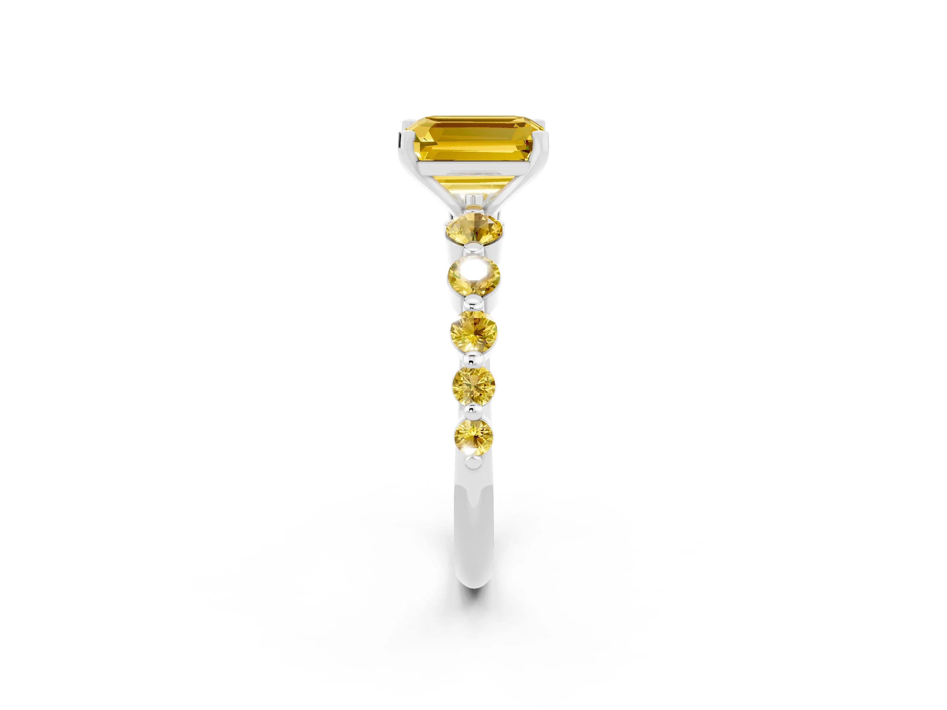White gold Emerald Cut Solitaire Yellow Sapphire Ring with Pave Band and Four-Prong Setting_2