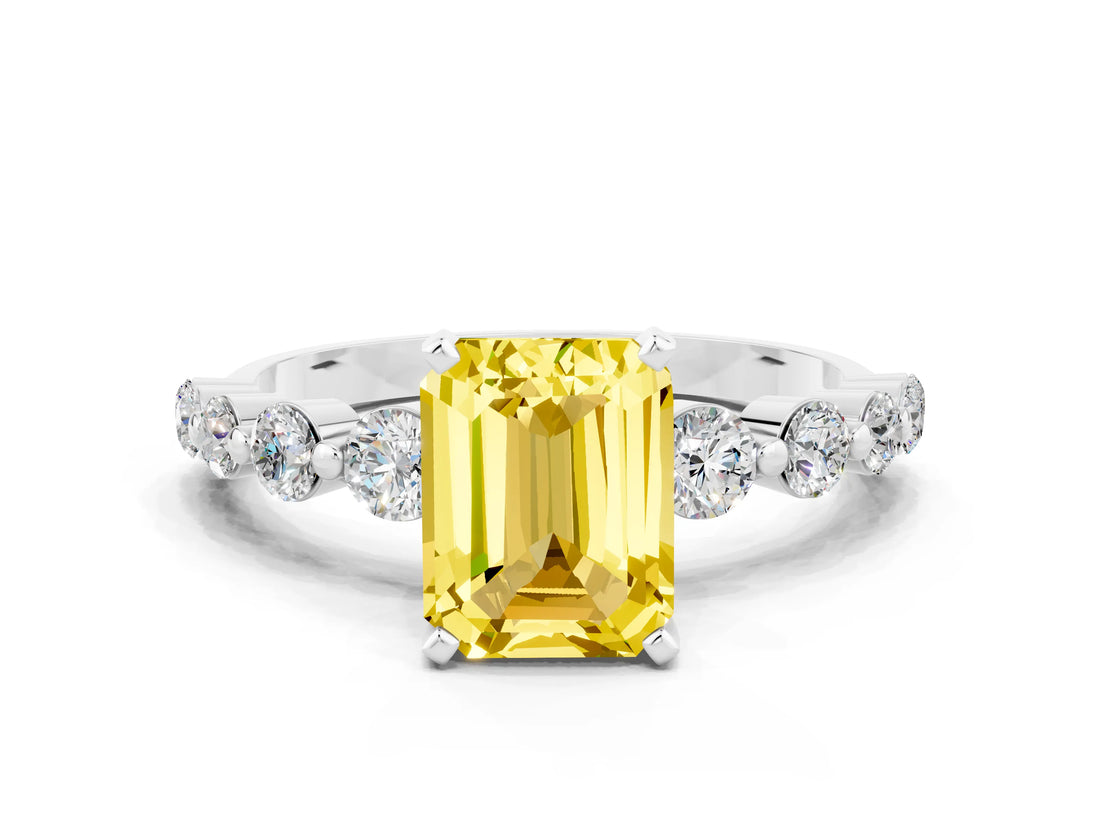 White gold Emerald Cut Solitaire Yellow Sapphire Ring with Pave Band and Four-Prong Setting_24