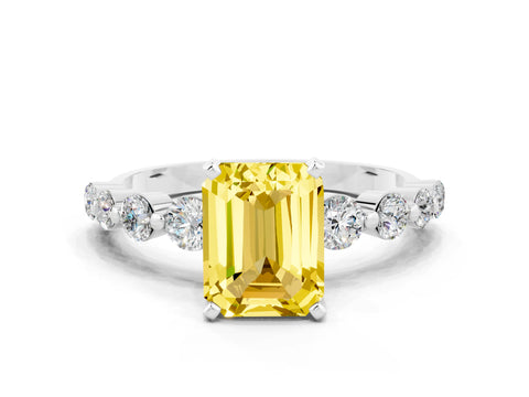 White gold Emerald Cut Solitaire Yellow Sapphire Ring with Pave Band and Four-Prong Setting_24