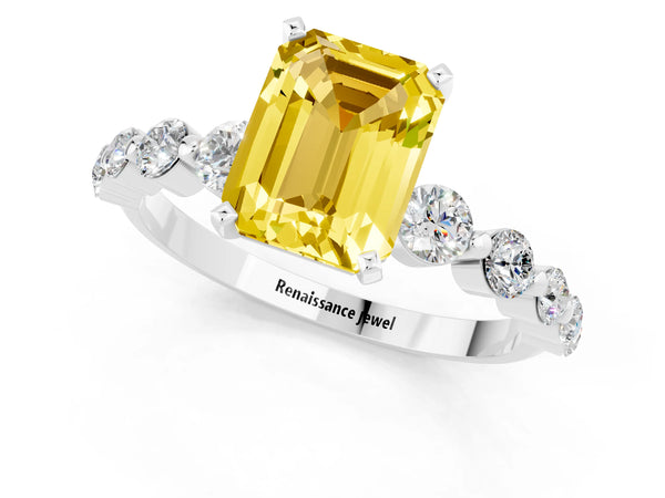 Silver Emerald Cut Solitaire Yellow Sapphire Ring with Pave Band and Four-Prong Setting