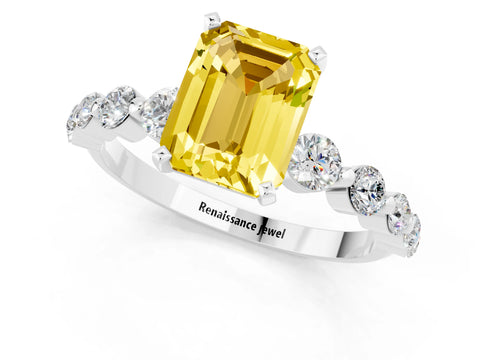 White gold Emerald Cut Solitaire Yellow Sapphire Ring with Pave Band and Four-Prong Setting_25