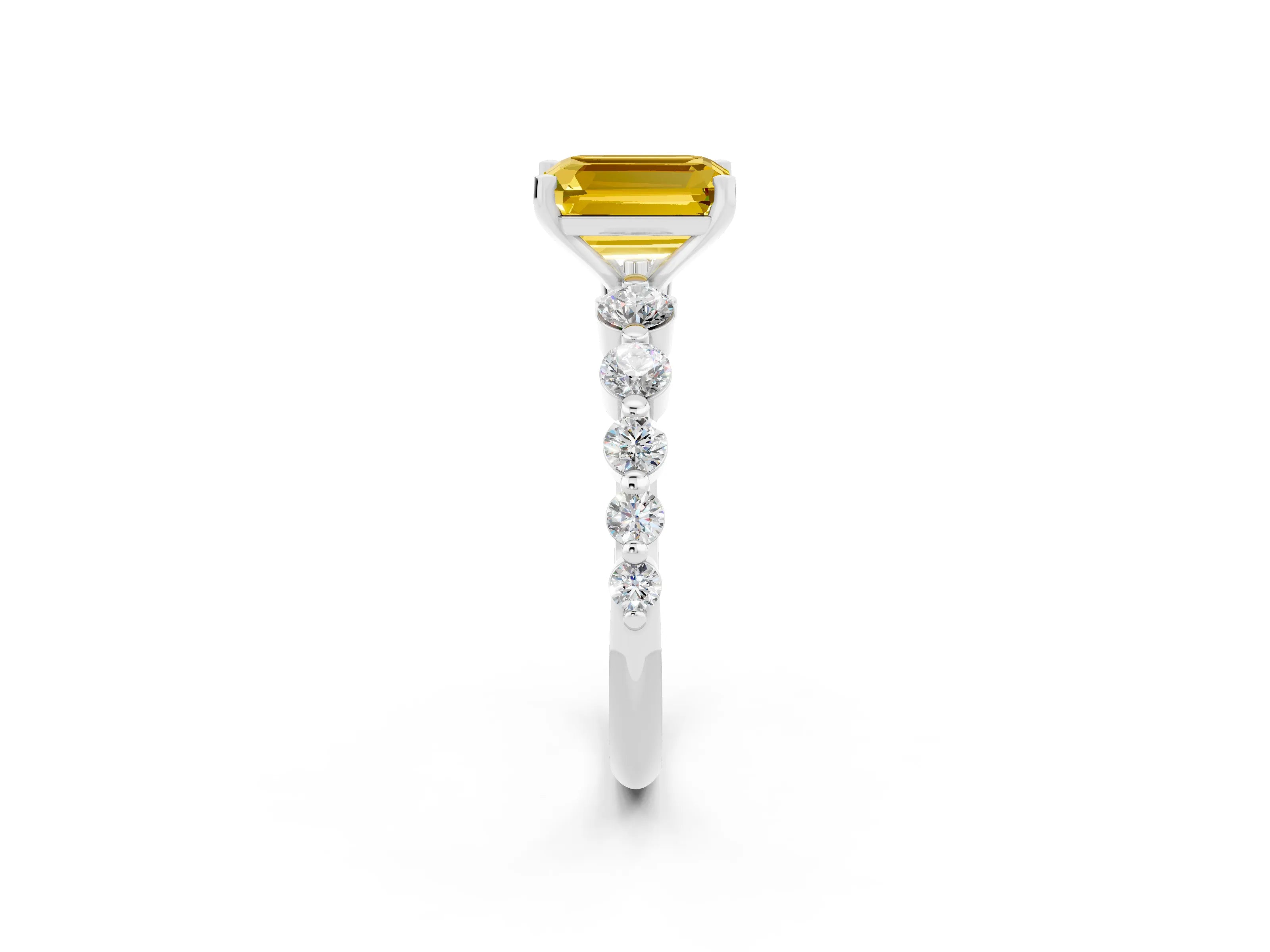 White gold Emerald Cut Solitaire Yellow Sapphire Ring with Pave Band and Four-Prong Setting_26