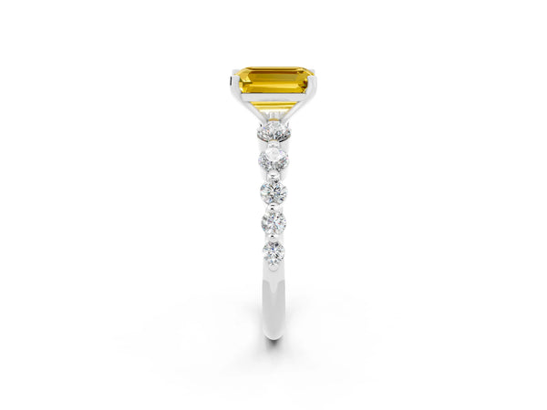 White gold Emerald Cut Solitaire Yellow Sapphire Ring with Pave Band and Four-Prong Setting