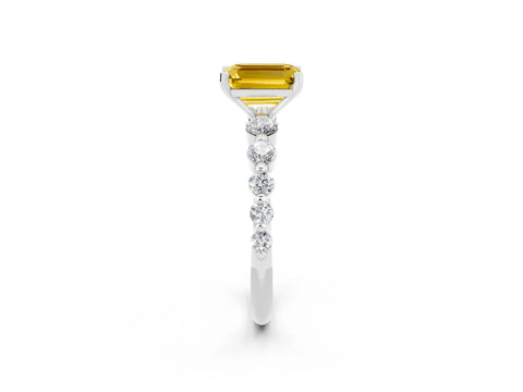 White gold Emerald Cut Solitaire Yellow Sapphire Ring with Pave Band and Four-Prong Setting_26