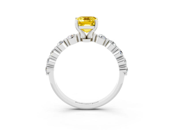 Platinum Emerald Cut Solitaire Yellow Sapphire Ring with Pave Band and Four-Prong Setting