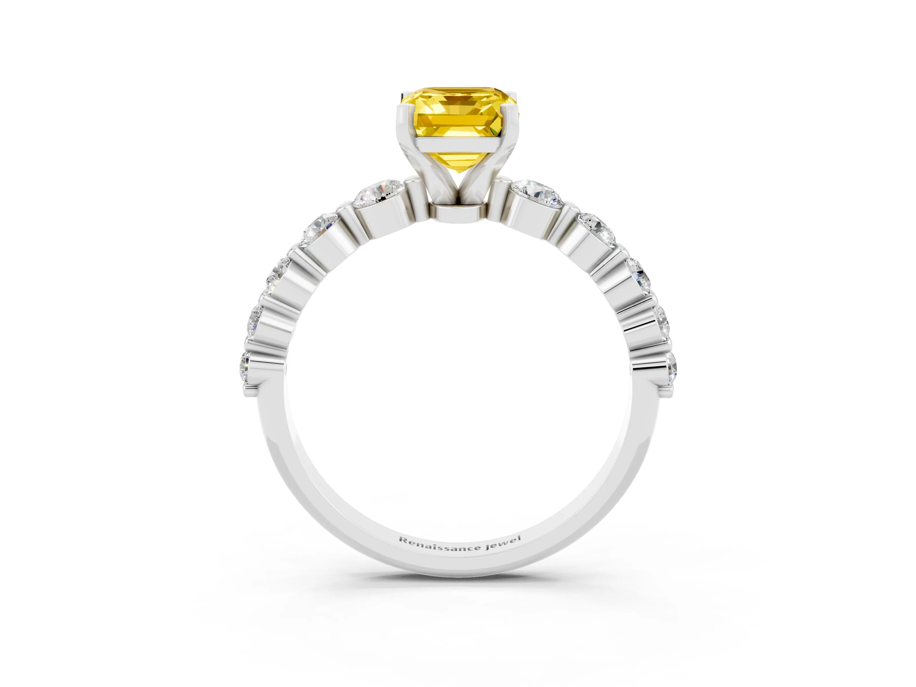 White gold Emerald Cut Solitaire Yellow Sapphire Ring with Pave Band and Four-Prong Setting_27