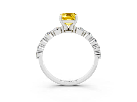 White gold Emerald Cut Solitaire Yellow Sapphire Ring with Pave Band and Four-Prong Setting_27