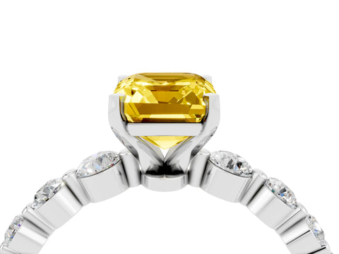 White gold Emerald Cut Solitaire Yellow Sapphire Ring with Pave Band and Four-Prong Setting_28