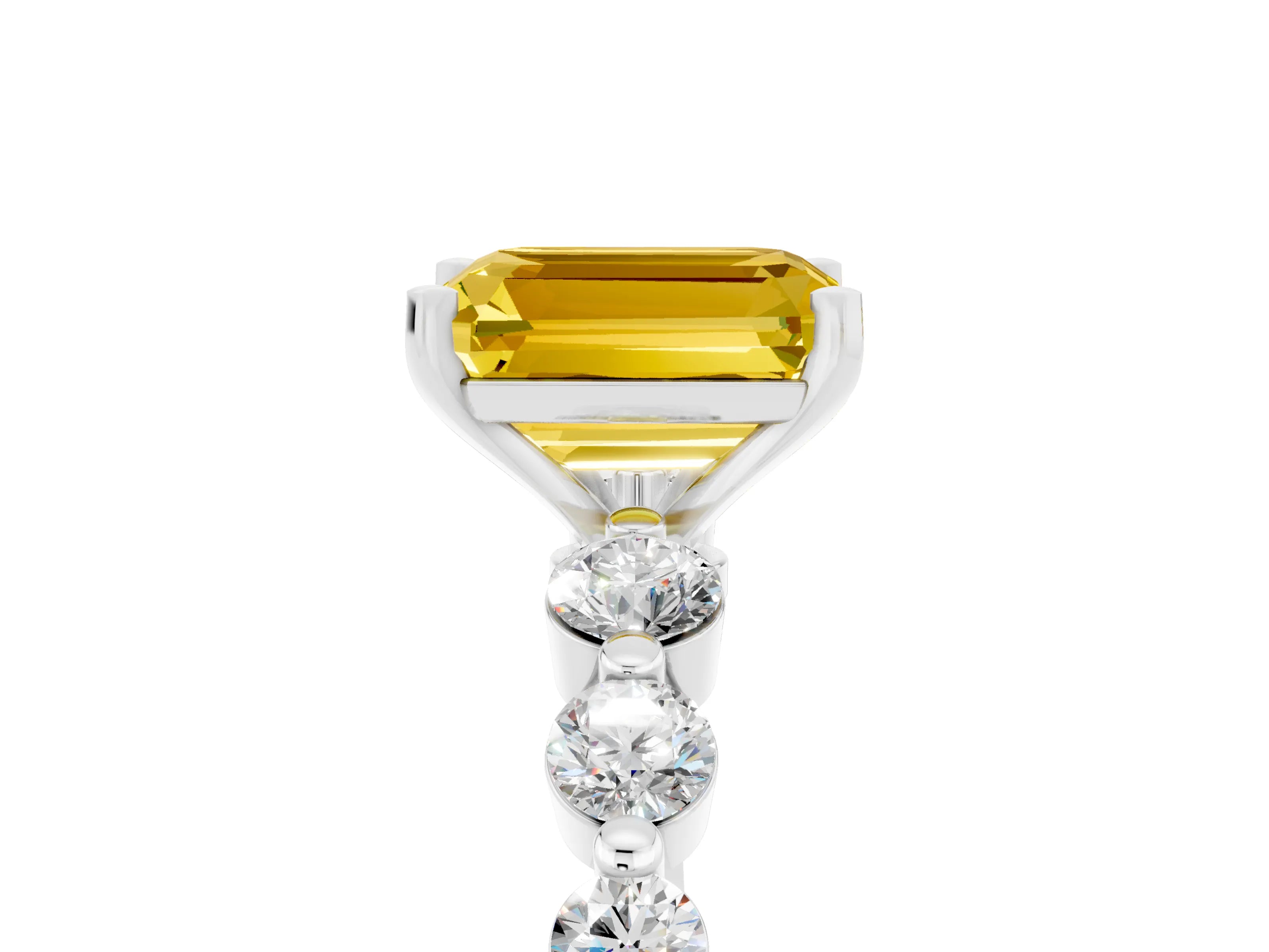 White gold Emerald Cut Solitaire Yellow Sapphire Ring with Pave Band and Four-Prong Setting_29