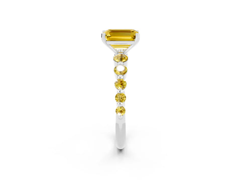 White gold Emerald Cut Solitaire Yellow Sapphire Ring with Pave Band and Four-Prong Setting_2