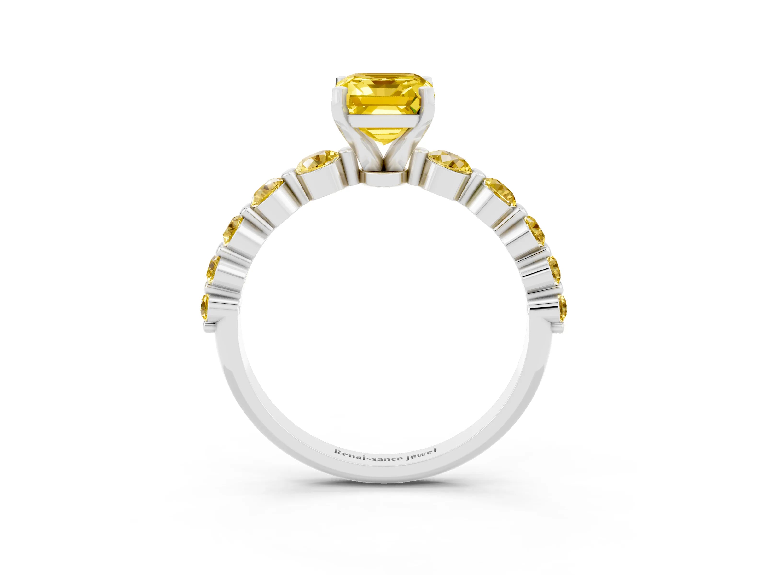 White gold Emerald Cut Solitaire Yellow Sapphire Ring with Pave Band and Four-Prong Setting_3
