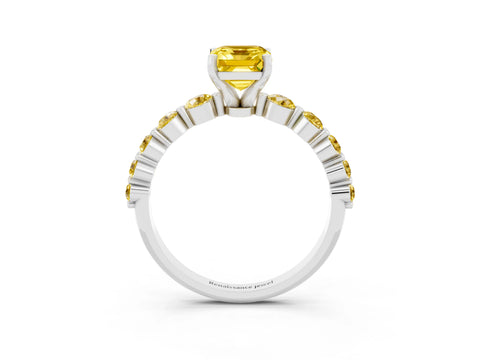 White gold Emerald Cut Solitaire Yellow Sapphire Ring with Pave Band and Four-Prong Setting_3