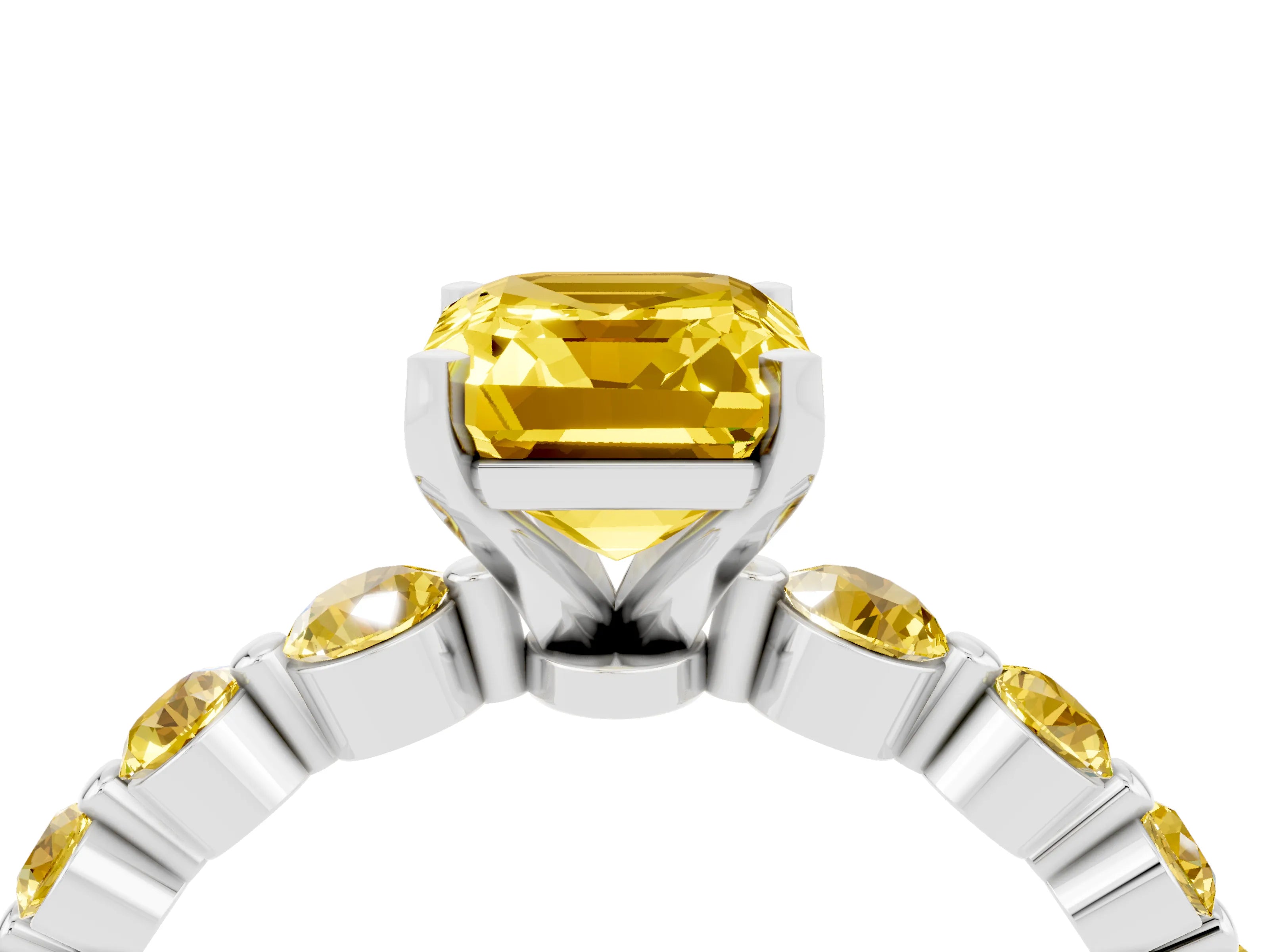 White gold Emerald Cut Solitaire Yellow Sapphire Ring with Pave Band and Four-Prong Setting_4